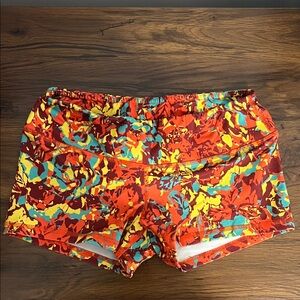 Fleo Red, Orange, and Yellow Patterned Athletic Shorts